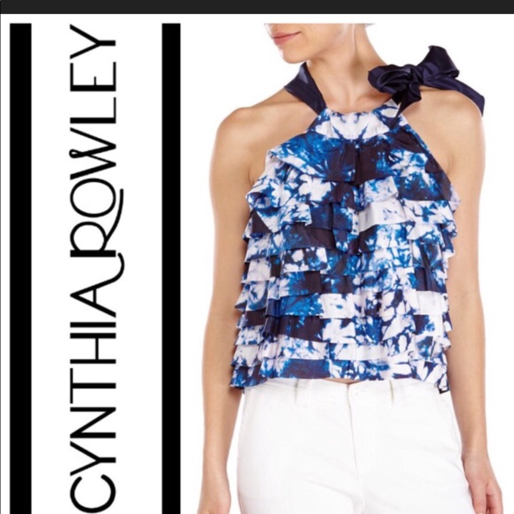 Ruffled tank w navy silk knock tie.